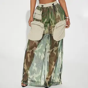 2024 New Stitching Mesh See-through Drawstring Skirts Loose Camo Long Cargo Skirt