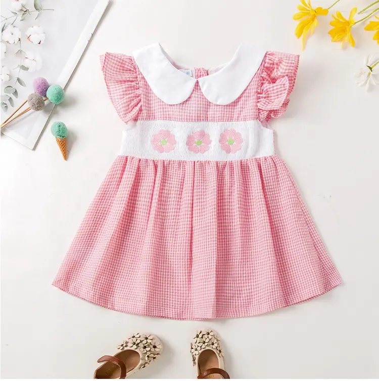 custom boutique children dresses spanish smock baby girl dresses Embroidered French pink plaid Cotton girls summer dress