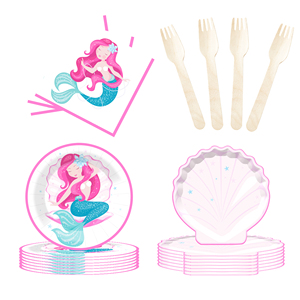 Fournitures de fête d'anniversaire sur le thème de la sirène DAMAI, ensemble de vaisselle sirène avec assiettes, gobelets, serviettes pour fête sur le thème de la sirène pour 8 invités - Product Image 3