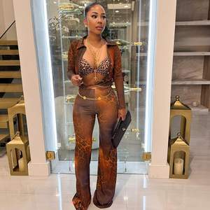 Voikerdr Ensemble deux pièces en maille imprimé guépard pour femme, col en V, transparent, moulant, tenue de club - Product Image 3