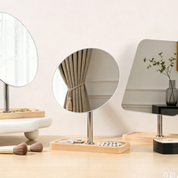 Custom Logo Bamboo Wooden Tabletop Makeup/Cosmetic Mirror 3 Shapes Oval/Square Rotatable Standing Jewelry Storage Tray Bedroom