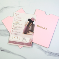 Pochette de luxe pour cartes de marque avec logo doré, enveloppe rose avec encoche de retrait, insert en papier imprimé pour produits de beauté et maquillage