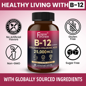 ผู้ผลิตอาหารเสริมวิตามินบี 12 แบบขายส่ง ปราศจากกลูเตน วิตามินบี 12 คอมเพล็กซ์ ช่วยเสริมสร้างพลังงานและระบบเผาผลาญ 25,000 ไมโครกรัม 60 แคปซูลวิตามินบี 12 - Product Image 4
