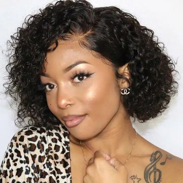 Perruque Naturel Pixie Cut Wig Human Hair Curly Bob Short Machine Made Pixie Cut Wig Bleached Knots Frontal Lace Wig With Bangs