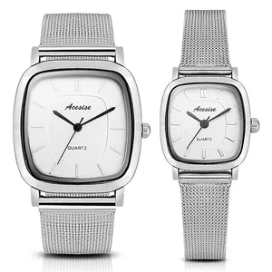 Luminous Watches Low Cheap Prices Silver Square Stainless Steel Case Fashion Reloj Couple Watches Set Vogue Lover Quartz Watch\