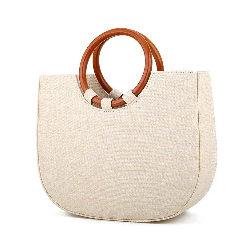 Bolso de mano con asa de madera circular de moda, bolso cruzado de un solo hombro trenzado multifuncional, bolso de paja de playa para mujer