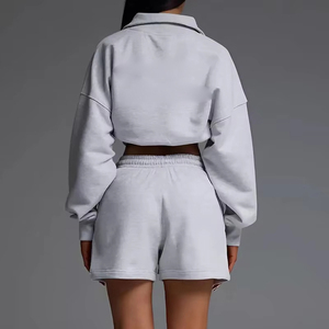 Fashion Custom Damen Quarter Zip Pullover Hoodie und Shorts Set Siebdruck Baumwolle Fleece Tracked Suit - Product Image 4