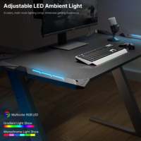 Bureau d'ordinateur en forme de Z AJUNION avec structure en acier, plateau en fibre de carbone, bureau de jeu avec éclairage LED RVB, supporte jusqu'à 200 livres