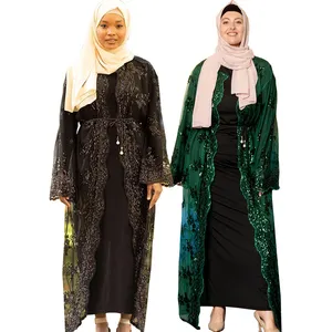 Wholesale Middle East Dubai Style Lace Sequin Cardigan Open Abaya Kimono for Muslim Women Ethnic Clothing Dresses