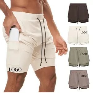 2 In 1 Stretchy Training Laufen Fitness Tragen Sie Bodybuilding Shorts mit Reiß verschluss tasche und Strumpfhose Spandex Gym Shorts Männer