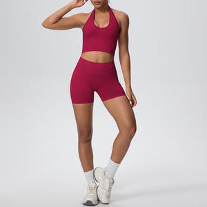Ensemble de yoga 2 pièces à col halter et bretelles, short taille haute, couleur unie, en Spandex et Polyester, sans couture, extensible dans les quatre sens - Product Image 2