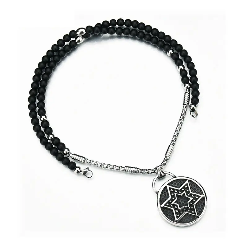 Fashion men natural stone bead chain star of david necklace