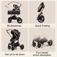 Poussette pliable pour nouveau-né 3 en 1, poussette de voyage, poussette de luxe pour bébé 3 en 1 avec siège auto
