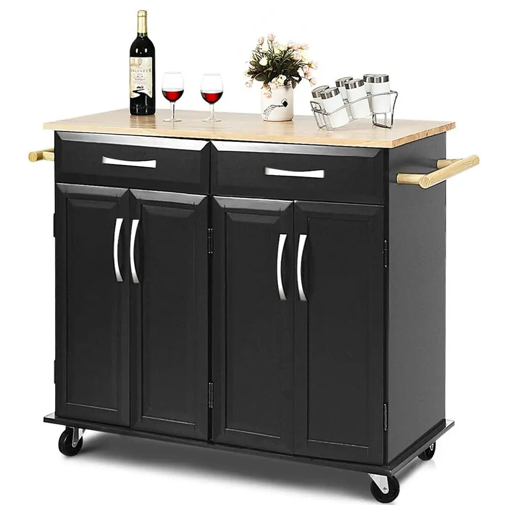 Rolling Kitchen Trolley Island Cart Wood Top Storage Cabinet Utility With/Drawers For Living Room
