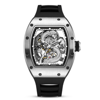 Montre automatique élégante squelette de dragon argenté, montre-bracelet mécanique tonneau pour homme avec bracelet en silicone noir