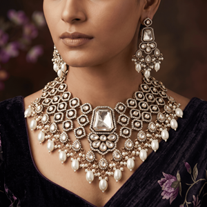 Parure élégante et tendance en alliage avec pendentif imitation Kundan, perles blanches et boucles d'oreilles assorties pour mariages indiens - Product Image 3