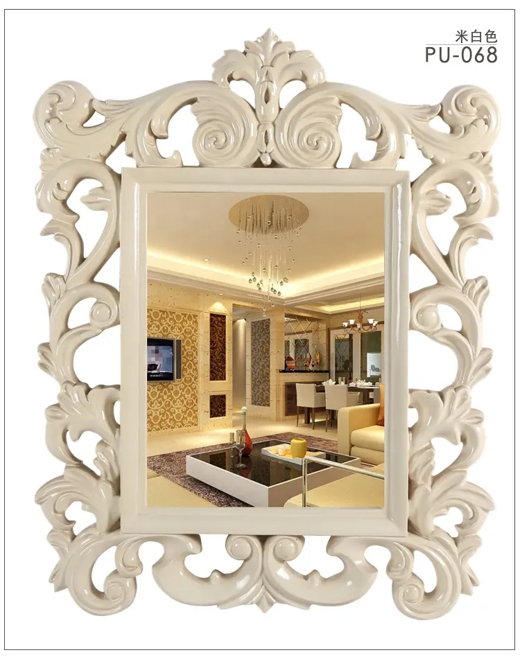Marco de PU de lujo barroco tallado colgante oro champán plata espejo de pared decorativo
