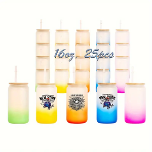 अमेरिका के गोदाम 25 पैक 16 औंस ग्रेडिएंट सबलिमिनेशन फ्रॉस्टेड ओम्ब्रे कप रंग ग्लास बांस के ढक्कन और प्लास्टिक के पुआल के साथ कर सकते हैं। - Product Image 1