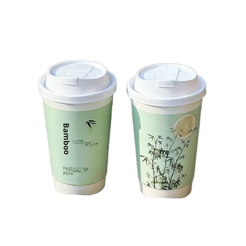 Paper cups, new Chinese style bamboo Italian tea drinking cups, disposable with lid commercial double-layer hollow anti scalding