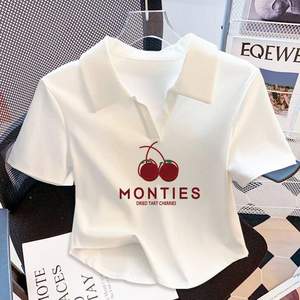 Camiseta Corta Básica Blanca con Cuello <span class=keywords><strong>Polo</strong></span> para <span class=keywords><strong>Mujer</strong></span>, de Algodón Elástico, Manga Corta, Ajustada - Product Image 2