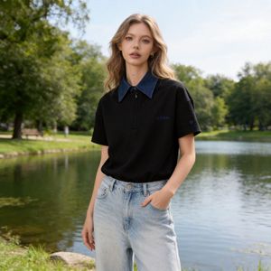 Black Short Sleeve for <b>Shirt</b> with Stand Collar and Embroidered Logo Slim Fit Casual Men's Knitted Washed 100% Cotton T-<b>Shirt</b> - Product Image 1