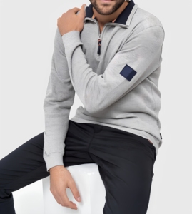 Men's Gray Quarter Zip Knitted Pullover Sweatshirt Regular Fit Turn-down Collar Casual Autumn Wear Solid Color Left Sleeve Logo - Product Image 3