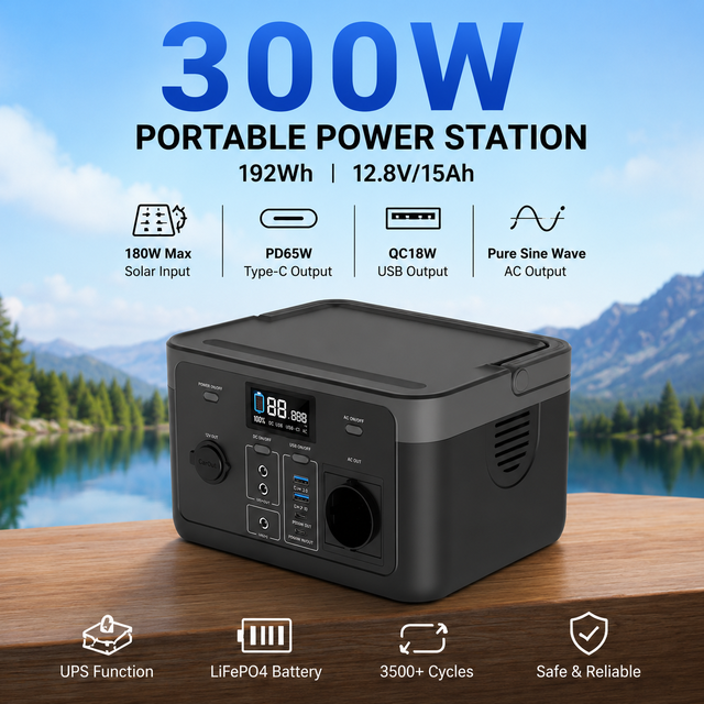 OEM 300W Portable Power Station 192Wh LiFePO4 Battery Solar Generator with 65W PD Fast Charging for Camping Emergency Backup