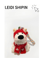 Porte-clés festif en peluche blanche avec écharpe à motif cœur et capuche tricotée rouge, adorable ornement de sac en forme de chiot pour Noël et la Saint-Valentin