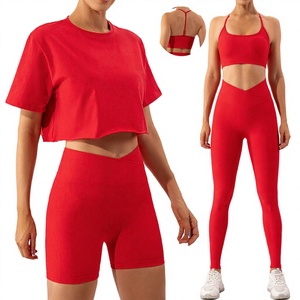 Ensembles de sport décontractés personnalisés pour femme : hauts courts amples et shorts assortis, tenue de Pilates côtelée taille haute - Product Image 2