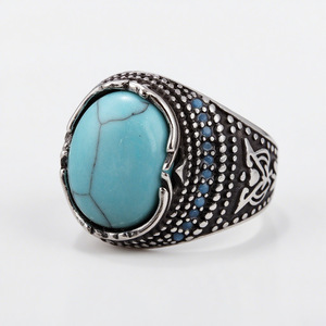 Wholesale Handmade Western Vintage Arabic Inlaid Stainless Steel Fine <strong>Turquoise</strong> Jewelry Custom Made Islamic <strong>Rings</strong> for Men - Product Image 3