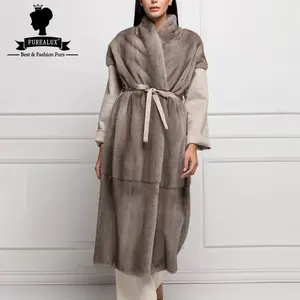 Furealux Natural Mink Fur Women's Coat Grey 100cm Length With Belt Fashion Clothing Winter Warm Mid-Length Real Fur Outerwear