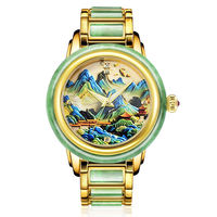 Montre automatique mécanique de luxe pour couple, mouvement Miyota, cadran résistant à l'eau, en acier inoxydable, avec motif de peinture de paysage chinois et jade.