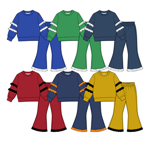 Tenues pour filles en coton biologique personnalisé à manches longues avec imprimé de vacances, haut à volants et pantalon cloche, vente en gros, vêtements pour équipes de football - Product Image 2