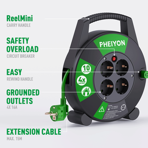 Pheiyon CE GS Compact 10M H05VV-F CEE Boîtier de câblage 4 prises Schuko 16A 250V avec disjoncteur thermique IP20 Enrouleur de câble domestique DIY ODM OEM - Product Image 5