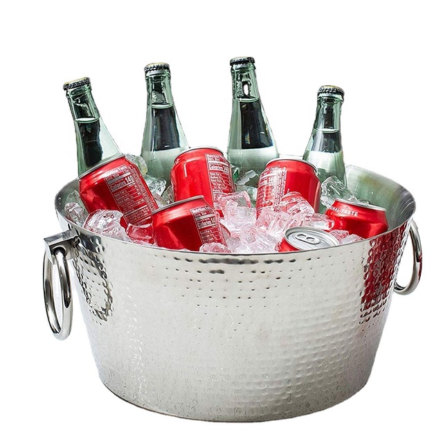 Double Wall Stainless Steel 3 Gallons Beverage Cooler Tub Round Silver Wine Champagne Bucket Beer Wine Storage Ice Holder