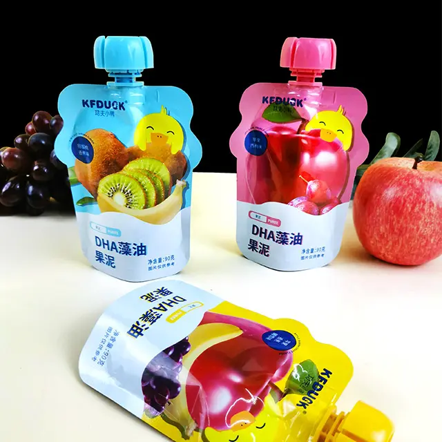 Saco de embalagem reutilizável de plástico, impressão de gravidade personalizada, saco para suco, líquido, em formato de frutas, com bico