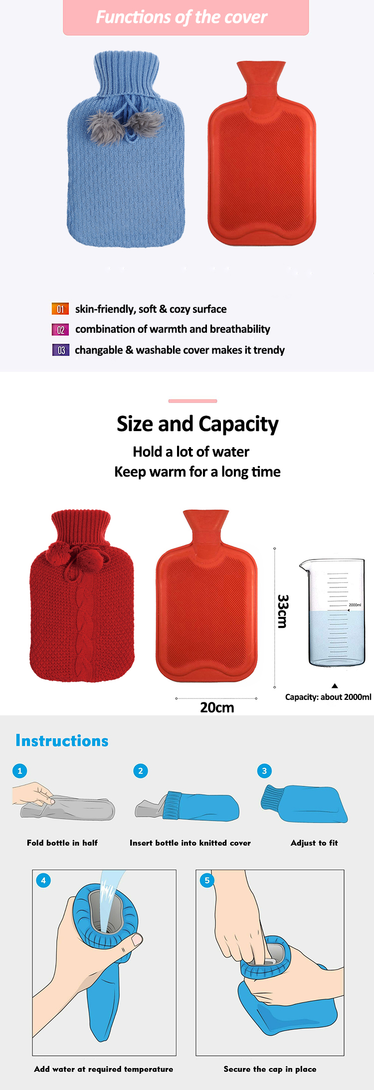 new arrival hot water bag 2l hot water bottles rubber with knitted cover and eye mask set