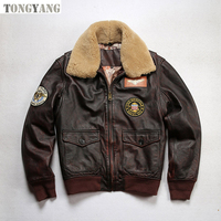 TONGYANG Blouson Bombardier G1 en Cuir Véritable pour Homme avec Col en Laine Personnalisé, Veste d'Hiver en Peau de Vache Lavée et Doublure Coton