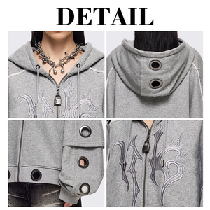 Sudadera con capucha y cremallera KingSen personalizada con bordado, mangas con patchwork y detalles de ojales metálicos, estilo casual urbano. - Product Image 6