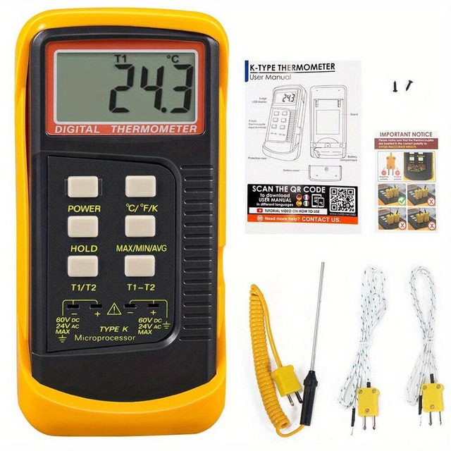 Digital Thermometer Handheld & Desktop Use Large LCD Display Multi-Color Yellow & Black High Accuracy K-Type Sensor