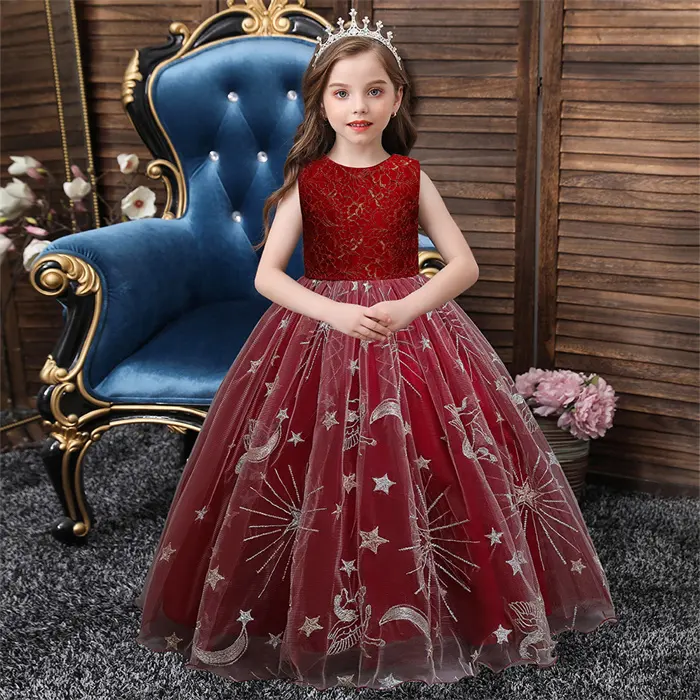 Robe longue élégante pour filles, rouge, tenue de soirée, motif étoile, style européen, pour enfants de 10 ans