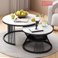 Ensemble de tables basses rondes en pierre de luxe léger, style minimaliste moderne, tables rétractables multifonctionnelles à double niveau pour salon