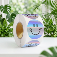 Autocollants holographiques imperméables de haute qualité, impression personnalisée / autocollants smiley, RTS 500 pièces par rouleau, 1 pouce/2,5 cm