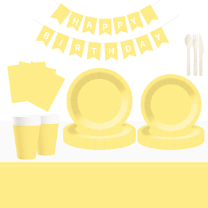DAMAI – Vaisselle jetable unie jaune clair pour fêtes, assiettes de 7 et 9 pouces, gobelets en papier, serviettes - Product Image 1