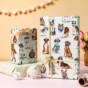 Papel de regalo para baby shower, papel de regalo de cumpleaños, papel de regalo beige de doble cara con diseño de animales, adorable papel de regalo con diseño de cachorros - Product Image 1