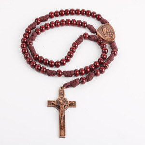 Chapelet Catholique en Bois avec <span class=keywords><strong>Croix</strong></span> de Jésus et Pendentif Saint, Bronze Antique, pour Pâques et Église - Product Image 1