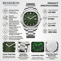 Diseña Tu Propio Reloj de Pulsera de Cuarzo de Acero Inoxidable de Lujo para Hombre, 43 mm, 22 mm, Resistente al Agua 5 BAR, Cristal de Zafiro, Correa de Acero