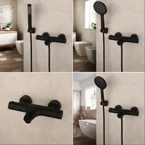 JIENI Thermostatic Mixer Faucet Suhu Konstan Shower Mixer Keran Matte Hitam Kran Bak Mandi Genggam Mandi Shower Set