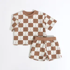 High Quality Baby Clothes Autumn Long Sleeve Checkered Waistband 2 Pieces Organic Cotton Boys Clothing Sets