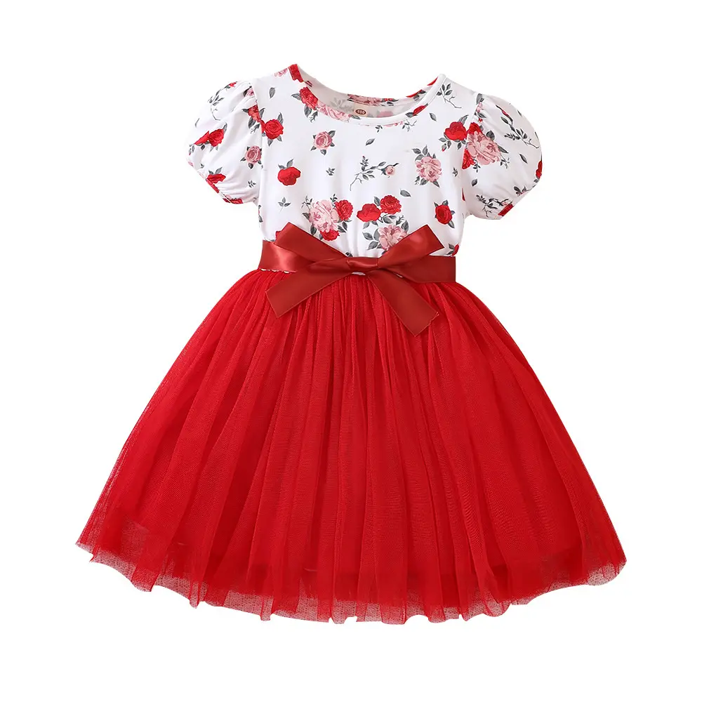 Peuter Meisjes Kleding Kids Eenvoudige Frock Design Kleding Pofmouwen Meisjes Jurk Jurk Met Bloemenprint Mesh Rok Voor De Zomer